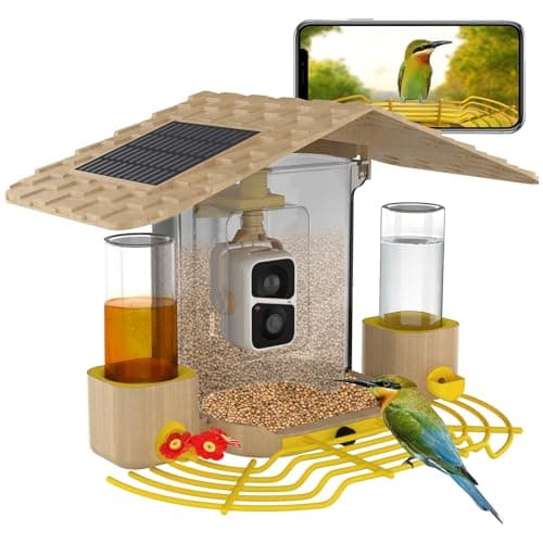 GUTINNEEN Smart Bird Feeder with Camera, High Resolution AI Camera for Wild Bird Identification, Hummingbird Feeder with Camera Solar Powered, Wireless Camera Gift for Bird Lover (Yellow), AIR106