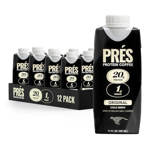 PRES Protein Coffee, Original, High Protein, Real Cold Brew, 20g Protein, 1g Sugar, 100 Calories, Protein Snacks, No Added Sugar, Coffee, Breakfast, Protein, Kosher, Soy Free, Nut Free, Non-GMO, Low Carb (12 Pack)