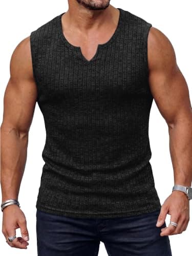 JEMLDL Men's Black Ribbed Knit Tank Tops Sleeveless V Neck Gym Muscle Workout Athletic Fitness Tee Black XL