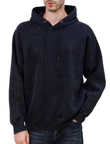 INVICTUSY Men's Oversized Hoodie Pullover Acid Wash Plush Cotton Hooded Fleece Sweatshirt Streetwear Unisex Casual Hoodies A Navy Blue