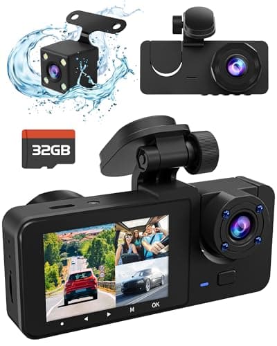 3 Channel Dash Camera for Cars, 4K+1080P Full HD Dashboard Camera, Dash Cam Front and Rear Inside with 32GB SD Card,2.0 inch IPS Screen, IR Night Vision,G-Sensor,Loop Recording,24H Parking Monitor