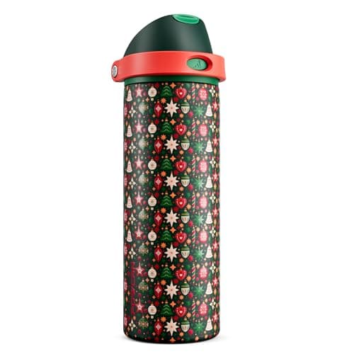 POWCAN 24 oz Christmas Insulated Water Bottle: 2-in-1 Push-Button Spout & Quick-Flip Straw, Leakproof, Fits in Car Cupholder, Stainless Steel Water Bottle for Holiday Gift, Sports, School (Jingle Joy)