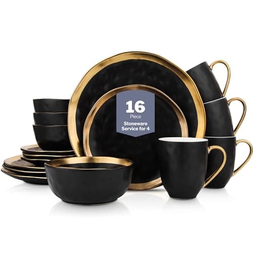Stone Lain Florian Modern Porcelain 16 Piece Dinnerware Set, Plates and Bowls Set, Dish set for 4, Black And Golden Rim