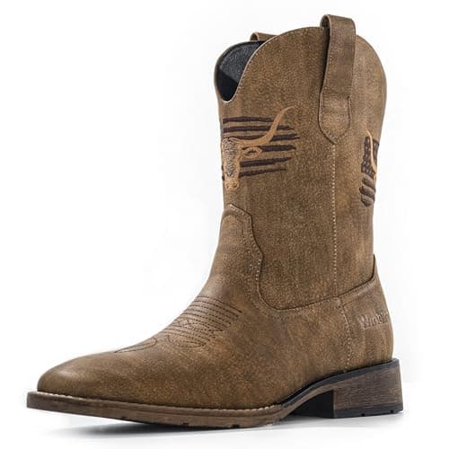 MacePhenoMelon Square Toe Cowboy Boots for Men Classic Western Boots Black Men's Pull On Retro Chunky Short Country Boots UBR-10.5
