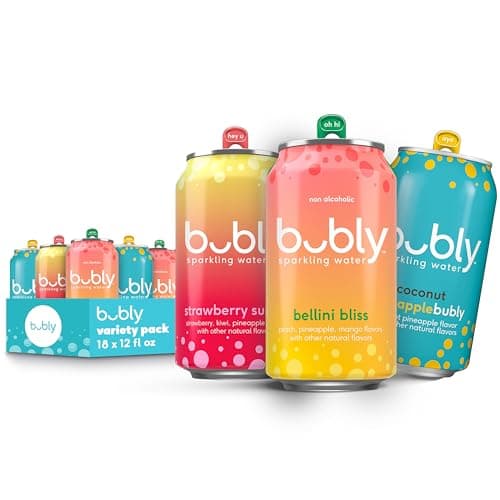 bubly, 3 Flavor Variety Pack (Bellini Bliss, Strawberry Sunset, Coconut Pineapple), 12 Fl Oz Cans (Pack of 18)