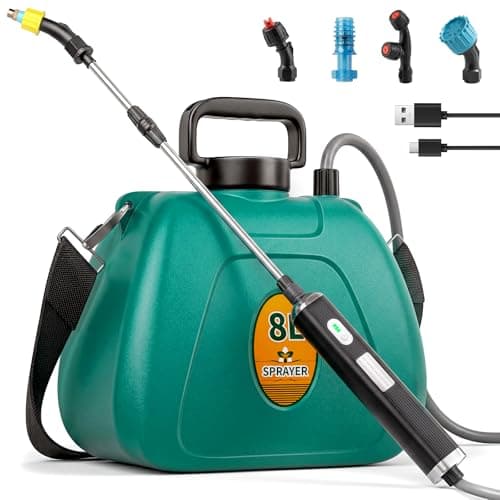 Battery Powered Garden Sprayer 2 Gallon, 7.4V High Pressure Rechargeable Weed Sprayer with 3 Pressure Mode, 5 Spray Nozzles, Telescopic Wand, Battery Indicator, Adjustable Strap for Lawn Garden, Green