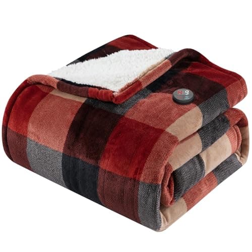 GOTCOZY Heated Blanket Electric Throw 50''X60''- Electric Throw Blanket with One Touch Button 10 Heating Level & 9 Time Settings Heating Blanket, Machine Washable (Check RedBlack)