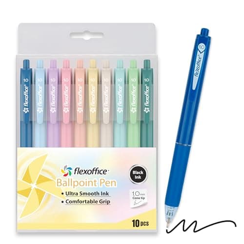 FLEXOFFICE 10-Count Retractable Ballpoint Pens, Black Ink, Medium Point 1.0mm, Pastel Color Barrels with Soft Contoured Grip|Christmas Gifts for Coworkers, Teachers, Friends