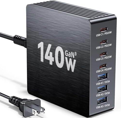 USB C Charging Station, 140W GaN III 7 Port Fast Charger Station, PD 3.0 USB Charging Station for Multiple Devices, Multiple USB C Charger Station for iPad iPhone Samsung Android (1 Pack, Black)
