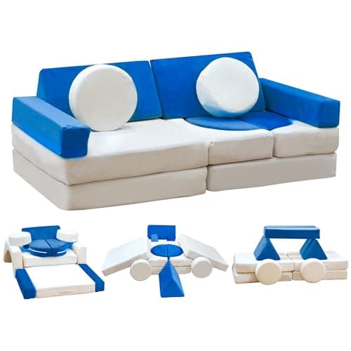 Stmoze 13PCS Modular Kids Play Couch, Kids Couch with Washable Velvet Cover, 5 Seconds Instant Expansion,Convertible Foam and Floor Cushion for Nursery Playroom, Blue & Beige