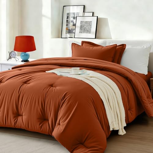 Easthome Twin Comforter Set 5 Piece - Soft Bed in a Bag Queen Size Comforter Sets, Cozy Luxury Bedding Sets with All Season Comforter, Flat Sheet, Fitted Sheet,Pillowcases & Shams, Orange