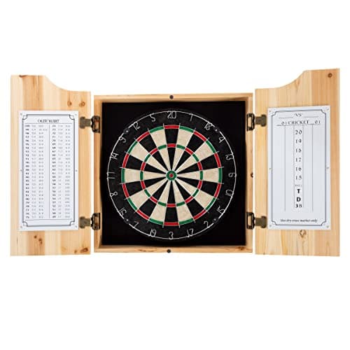 Dart Board Cabinet Set - Solid Pinewood Cabinet with 6 Metal-Tip Darts and Dry Erase Scoreboard - Bar Decor for Home by Trademark Games