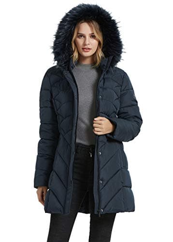 BINACL Women's Snow Winter Hooded Coat with Fur Hood, Beloved Long Sleeve Down Alternative Cotton Hunting Expedition Thickened Workout Traniing 100% Polyester Single Button Military Jacket(Navy,S)