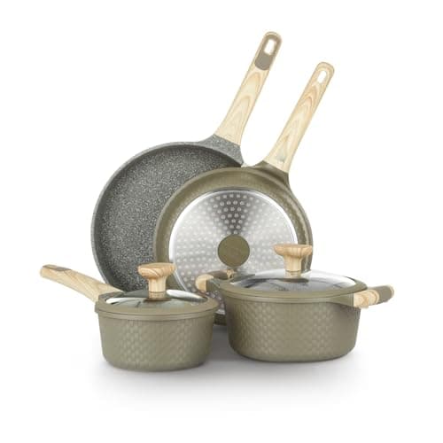 KASANOVA Bambù 6Pcs Cookware set, Die-cast Aluminum pots and pans, Nonstick frying pans and casseroles, Induction safe, PFOA-free (Green, 6 pcs)
