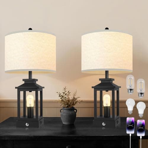 NITEBEE Farmhouse Black Table Lamp for Bedroom, 3-Way Dimmable Bedside Lamp with USB-C & USB-A Ports, Retro Touch Lamps for Nightstand, Living Room, Entryway, Bulb Included (2-Pack)
