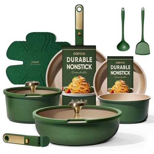 CAROTE Green&Gold Nonstick Cookware Set,15Pcs Pots and Pans Set Non Stick Detachable/Removable Handle,Kitchen Cooking Set Dishwasher Safe, RV Kitchen Pot and Pan, Induction Cookware