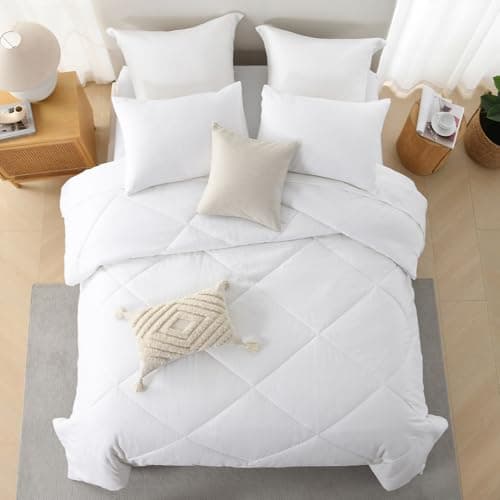 Finlonte Linen Queen Comforter Set - Flax Linen Queen Size Diamond Stitching Quilted Comforter, Modern Minimalist Solid White Color Duvet Insert, Fluffy Cloud Soft Bedding, 90" x 90", 3-Piece