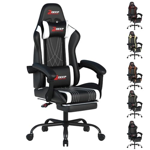 DEEPfurniture Ergonomic Gaming Chair with Footrest and Lumbar Massage, Racing Office Chair, High Back Computer Desk Chair with Headrest Pillow for Adults, Video Game Chair for PC Gamer (1001-White)
