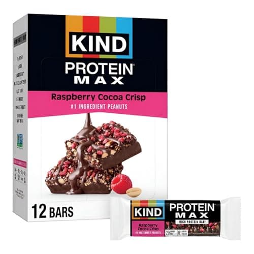 KIND Protein MAX Bars, Raspberry Cocoa Crisp, Gluten Free, Low Sugar, High Fiber Snacks, 20g Protein, 12 Count