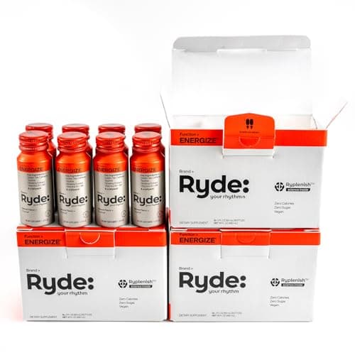 Ryde: Energize Shot | Tropical Flavor | Green Tea Caffeine, Taurine, Ginseng Extract & B Vitamins | 0 Calories, 0 Sugar | 2 FL OZ Shots | Boosts energy* (24 Pack)