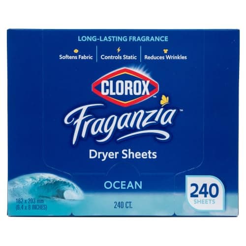 Clorox Fraganzia Fabric Softener Dryer Sheets, Wrinkle Reducing and Anti Static Laundry Dryer Sheets for Great Smelling Clothes, Softens Fabrics, Fresh Ocean Scent, 240 Count