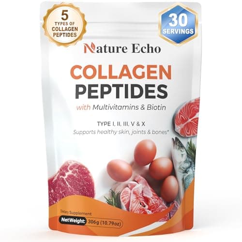 Nature Echo Multi Collagen Peptides Powder with Biotin (Unflavored) - 11 in 1 Hydrolyzed Multi-Collagen Complex with Hyaluronic Acid & Essential Vitamins for Skin, Hair & Joint Health (30 Servings)