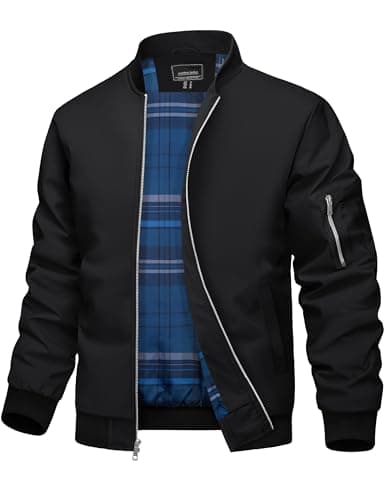 TACVASEN Mens Bomber Jacket Plaid Lined Casual Windbreaker Stylish Light Fall Spring Jackets Windproof Zip Up Coat Black 2XL