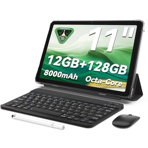 Tablet 11 inch Android 15 Tablets | Octa-core | 12GB RAM+128GB ROM | 8000mAh Tablet with Keyboard | Mouse | Case | Dual Band WiFi | BT 5.0 | GPS | 13 MP Dual Camera (Blue with Keyboard) (Black)