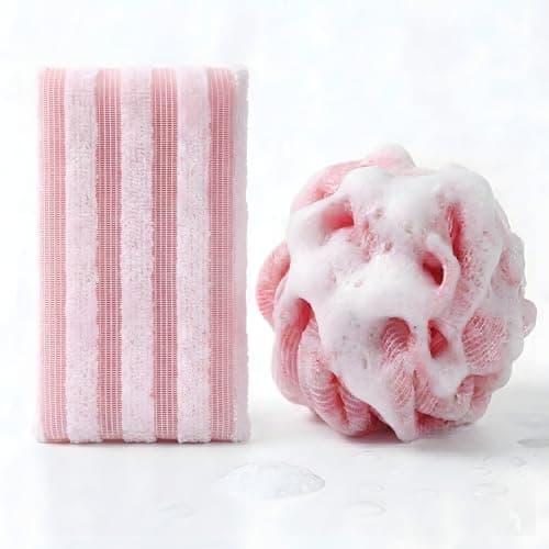 DOCKOMO African Net Sponge - 40-Inch Long Exfoliating Body Scrubber for Shower - Fast-Drying Nylon Mesh Wash Net & Sapo Sponge for Back Scrubbing & Smoother Skin (Pink Stripe)
