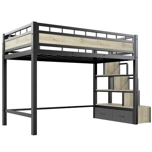 BKNROIHB Twin Size Loft Bed with Storage Stairs & Drawers, Space-Saving Heavy-Duty Metal Bed Frame