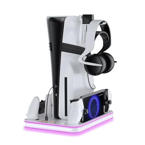 OLYGIVE Cooling Station for PS5 Pro, Magnetic PS Portal Charger, RGB Lighting. Headset and Remote Holder - Compatible with Slim, Pro, Original PS5 Console - White