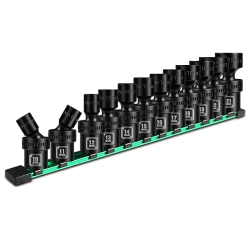 BLACKROBOT 3/8" Drive Shallow Universal Impact Socket Set, 12PCS 6 Point Metric Swivel Socket set(10-22mm), CR-MO Steel, Includes Storage Rail