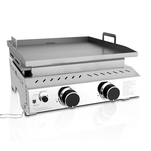R.W.FLAME Portable Propane Griddle,Stainless Steel Gas Grill,Table Top Grill for Outdoor BBQ,Camping and RVs,Silver (2 Burner)