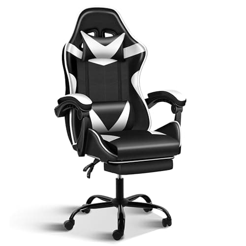 YSSOA Gaming Chair, Computer Chair with Footrest, Height Adjustable & 90°-135° Tilt Function, Swivel Recliner Ergonomic Racing Style Video Game Chair with Lumbar Support (Black/White)