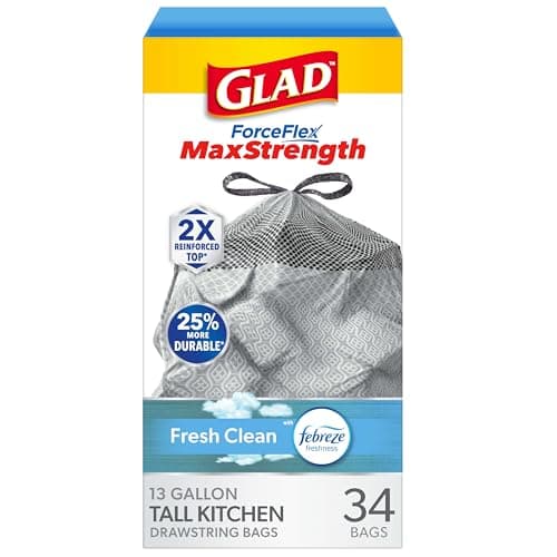 Glad ForceFlex MaxStrength Kitchen Trash Bags, 13 Gal, Fresh Clean Febreze, 34 Ct (Package May Vary)