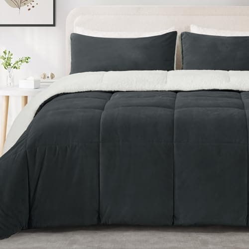 MERITLIFE Fluffy Sherpa King Size Bedding Comforter Sets King Comforter Set-3 Pieces Bed in a Bag Dark Grey Soft Comforter and Pillowcase Luxury Warm Bedding Set for Winter