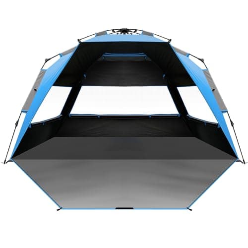 OutdoorMaster Beach Tent with Blackout Shelter Technology, Portable Sun Shade Shelter 4 Person, Pop Up Beach Tents with UPF 50+ UV Protection, 9.5mm Thick Pole, 3 Ventilating Mesh Windows -Blue