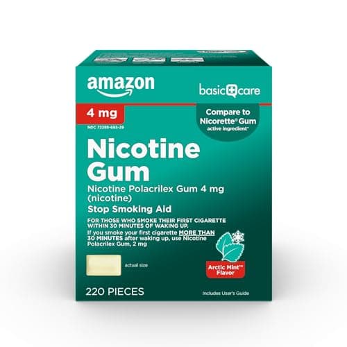 Amazon Basic Care Uncoated Nicotine Polacrilex Gum 4 mg, Mint Flavor, Stop Smoking Aid, 220 Count