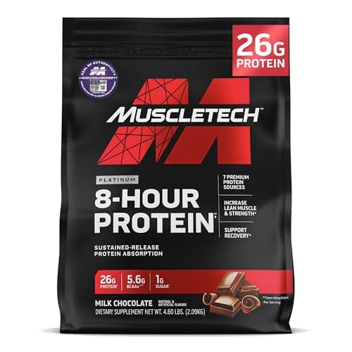 MuscleTech Platinum 8-Hour Protein Powder - 7 Premium Protein Sources with Whey & Casein Protein for Increased Lean Muscle, Strength & Improved Recovery - Milk Chocolate, 50 Servings