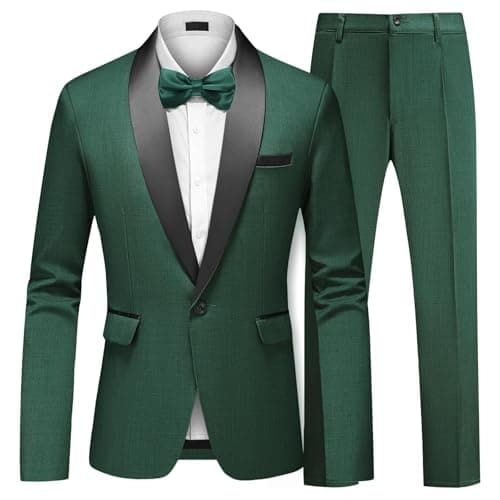 Moncace Green 2 Piece Tuxedo Set with Bow Tie, Slim Fit Shawl Lapel One Button Blazer Formal Trousers, Men's Suit for Black-Tie Dinners Prom Party Wedding for Grooms