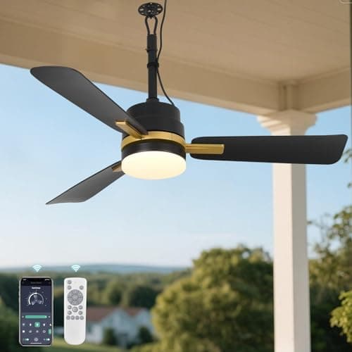 AHAWILL 42" Outdoor Ceiling Fans with Lights and Remote,Hanging Gazebo Fan,Plug in Ceiling Fan for Patios,3 CCT Dimmable,Portable Fan with Hook for Porch,Pergola,Black and Gold