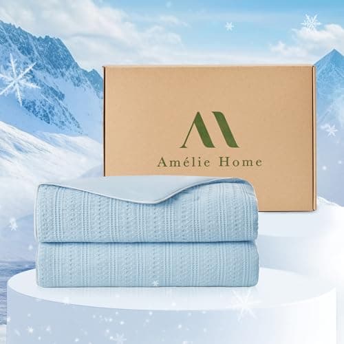 Amélie Home Waffle Cooling Comforter King Size, Q-Max 0.45 Reversible Lightweight Cooling Blanket for Hot Sleepers, Silk Breathable Bedding for Night Sweats, 106"x90", Sky Blue