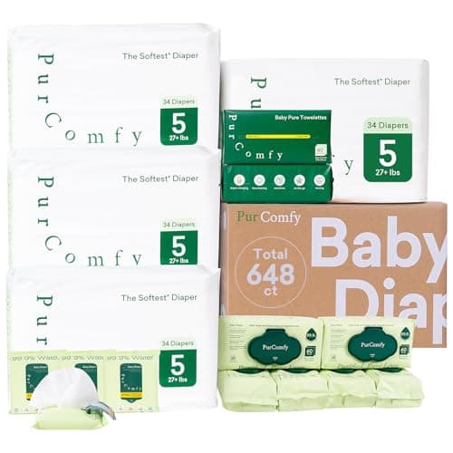 PurComfy Baby Diapers Essential Kit, 4 Pack Size 5 Diapers (136 Ct), 6 Baby Wipes (360Ct), 4 Travel Pack Wipes (32Ct) and 2 Dry Wipes (120Ct), All in One Newborn Essentials Kit, Total 648 Ct