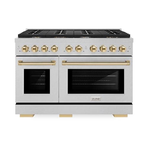 ZLINE Autograph Edition 48 in. 6.7 cu. ft. Paramount Double Oven Dual Fuel Range with 8 Burner Gas Cooktop in Satin Stainless Steel and Polished Gold Accents (SDRSZ-48-G)