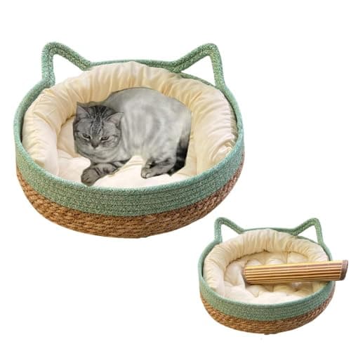 Cat Basket Bed - Large Round Rattan Woven Beds for Indoor Cats and Small Dogs with Soft Cotton Cushion Bucket Nest for Your Pet to Cuddle, Cute Circle Baskets for Kitty (Green with White Mat,Large)