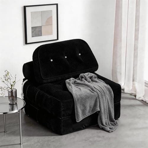 NESLAKO Folding Sofa Bed, Flannel Futon Couch Bed with Pillow and Blanket, Convertible Sleeper Chair for Small Space Apartment Guest Room, Black