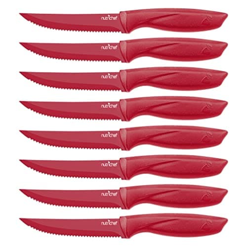 NutriChef Steak Knife Set of 8 - Premium Serrated Stainless Steel Kitchen Knife Set - Ergonomic Design, Sharp Blades, Non-Stick, & Rust-Resistant - Perfect for Home, BBQ's & Restaurants Red
