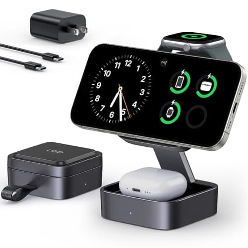 UEQ 3 in 1 Wireless Charging Station for Apple Devices,Compatible with MagSafe Charger Stand,Foldable Fast Travel Magnetic Wireless Charger for iPhone 17 Air 16 15 14 13 12,Apple Watch&AirPods Pro