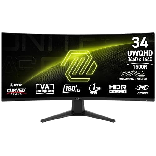 msi MAG 346CQ 34-inch 3440 x 1440 (UWQHD) Gaming Monitor, 180Hz, AMD FreeSync Premium, HDMI, DisplayPort, VESA, Tilt, Height Adjustable, Speaker, 1ms, Black