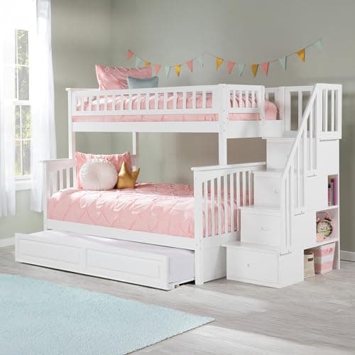 AFI, Columbia Staircase Bunk Bed Twin Over Full with Twin Raised Panel Trundle, White